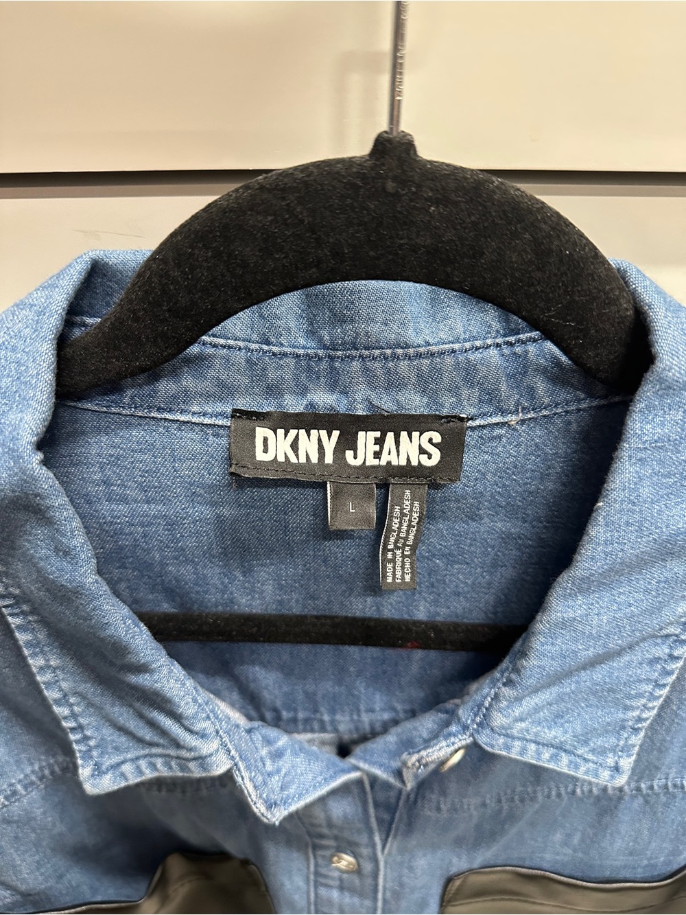 DKNY Light Blue Denim Shirt with Black Pocket Accents - Picture 2 of 4